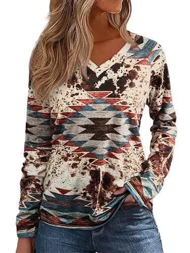 Bellelily Womens Long Sleeve T Shirts Aztec Cow Print Western Henley Tops Ladies Graphic Tees Casual V Neck Loose Fit Blouse - Image 1