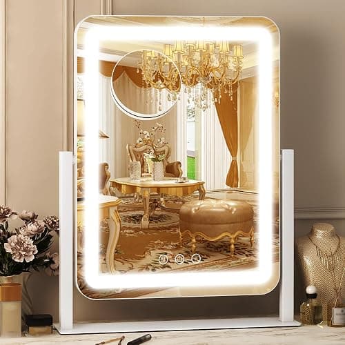 FENNIO Vanity Mirror with Lights, 13" W x 17" H, LED Makeup Mirror, White | Rounded-edge LED desk mirror with 3-color touch dimming, detachable 10X mirror and 360° tilt; plug-in only, for dorm rooms. - Image 1