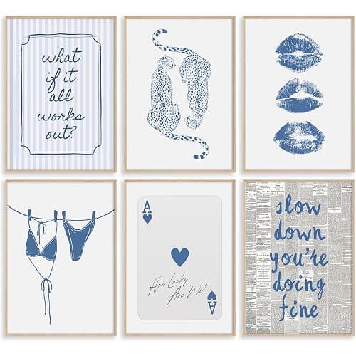 Navy Blue Leopard Wall Art Preppy Cheetah Canvas Wall Decor Trendy Aesthetic Posters Navy Blue Bikini Prints Preppy Aesthetic Pictures Ace of Hearts Painting for Dorm Bedroom 8x10 Inch Unframed 6Pcs - Image 1