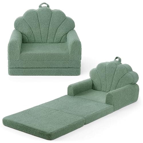 Blissful Diary Kids Couch, 2-in-1 Soft Toddler Couch Fold Out, Toddler Chair Comfy, Convertible Sofa to Lounger, Kids Furniture for Playroom, Gift for Birthday, Children's Day, Green Shell - Image 1