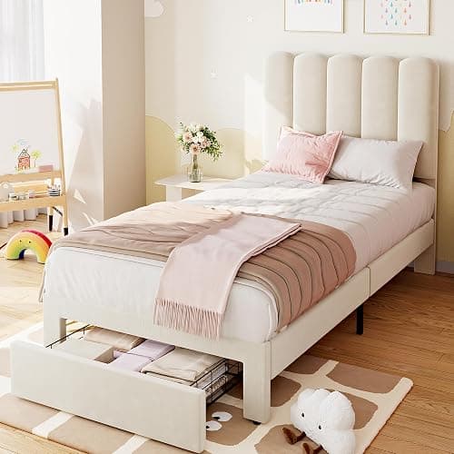 IDEALHOUSE Twin Bed Frame with Storage Drawer and Headboard, Velvet Upholstered Twin Platform Bed Frame for Girls, Strong Wooden Slats Support, Noise-Free, Easy Assembly (Beige) - Image 1