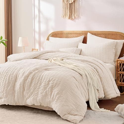 FUANNA Twin Comforter Set 5 Pieces, Luxury Seersucker Twin Bed Set for All Seasons, Soft Twin Bed in a Bag with Comforter, Flat Sheet, Fitted Sheet, Pillowcase & Sham for Bedroom, Beige - Image 1
