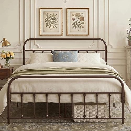 VECELO Full Size Victorian Style Metal Bed Frame with Headboard and Footboard Under Bed Storage No Box Spring Needed Strong Slat Suppor Bed Frame Purple Bronze - Image 1