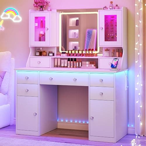 Vanity Desk with Mirror & Lights, 42‘’ Large Makeup Vanity with 2 RGB Jewelry Cabinets & 7 Drawers, White Vanity Table Set with Charging Station, Dressing Table with Lights Desk, 3 Light Modes - Image 1