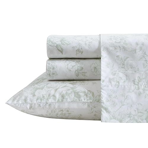 Laura Ashley - Twin XL Sheets, Cotton Percale Bedding Set, Lightweight & Breathable Home Decor (Toile Delight Green, Twin XL) - Image 1