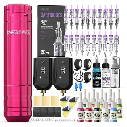 Wromhole Tattoo Pink Wireless Tattoo Kit Rotary Tattoo Pen Machine with 2 Rechargeable Power Supplies 10 Tattoo Inks 20 Cartridge Needles Complete Tattoo Supplies for Beginners - Image 1