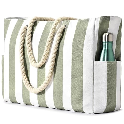 Becokan Sac de piscine pour femme – Imperméable à l'eau et au sable à grandes rayures avec fermeture éclair - Image 1