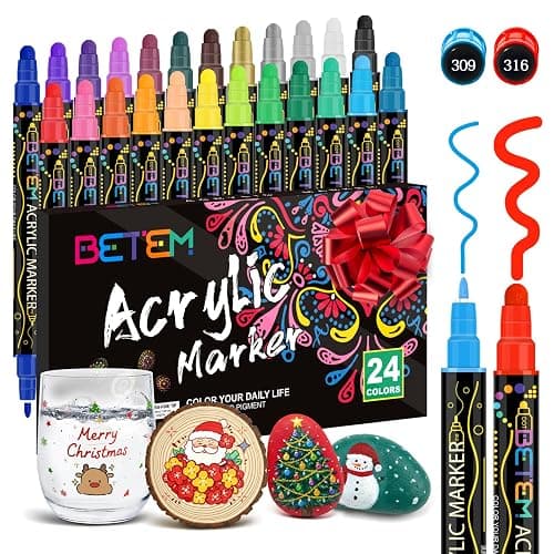 Betem 24 Colors Dual Tip Acrylic Paint Pens Markers, Premium Acrylic Paint Markers Stocking Stuffers for Rock, Wood, Fabric, Glass, Canvas, Ceramic, Christmas Gifts for Teens DIY Crafts Art Supplies - Image 1