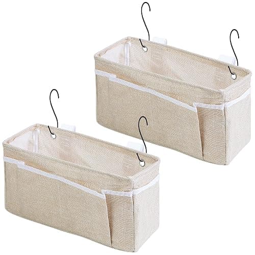 Muximud Bedside Caddy Bedside Storage Organizer, 2 Pack Wall Hanging Storage Bag for Bunk bed Hospital Beds Dorm Bed Rails, Holders Books Glasses Phones Magazine(Beige) - Image 1