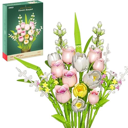 EWED Tulip and Rose Flowers Bouquet Building Sets 18-Pack, Halloween Christmas Valentine's Back to School Gift for Women Girl Girlfriend, Artificial Flower Kits Plant Botanical Collection Home Decor - Image 1