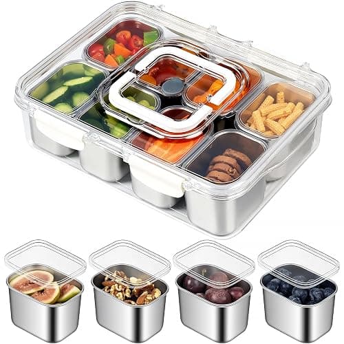 Snackle Box Container, Stainless Steel Divided Serving Tray with Lid and Handle, 8 Compartment Portable Snack Platters - Clear Storage Organizer for Fruit Candy Nuts Veggie - Perfect for Travel Party - Image 1
