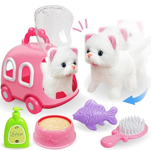 SMILESSKIDDO Walking Cat Toys for Girls - Electronic Kitty Meow with Wagging Tail, Storage Cage and Accessories, Interactive Pet Care Playset, Gifts for Toddlers 1 2 3 4 5 6 Year Old - Image 1