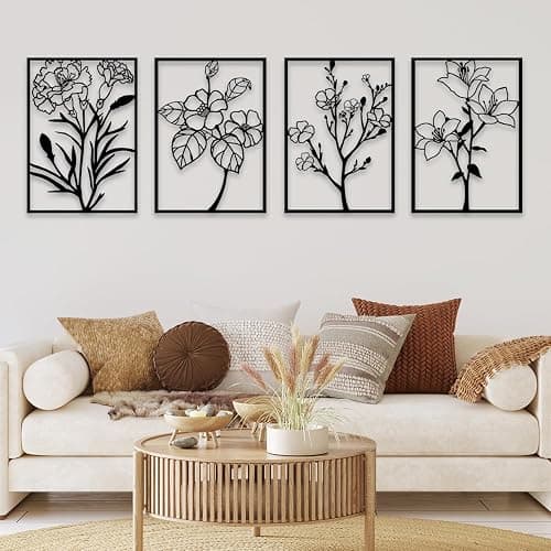 ZNZAPO 4 Pcs Black Metal Flower Wall Art, Abstract Line Art Wall Decor, Minimalist Floral Wall Hanging Art, 3d Wall Art Sculptures Decor for Living Room Bedroom Bathroom (11 × 15.7”) - Image 1