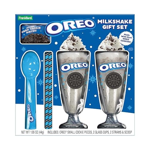 Frankford Candy OREO Cookies and Cream Milkshake Gift Set with Cookie Pieces, 2 Glass Cups, 2 Straws, and Ice Cream Scoop - Image 1