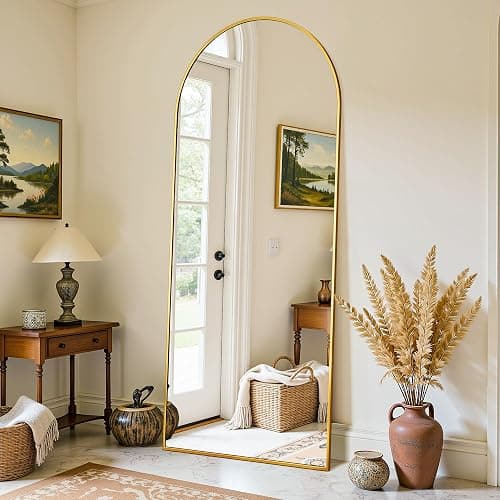 LadyNow Full Length Mirror, 58"x18" Oversized Floor Mirror Freestanding, Full Body Mirror Floor Standing Mirrors with Stand, Hanging Mounted Mirrors for Bedroom Living Room, Gold, Arched Style - Image 1
