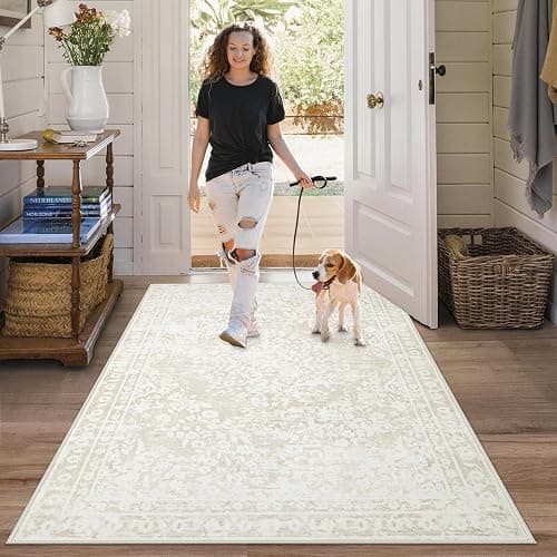 Area Rug 3x5 Entryway Rugs - Machine Washable Vintage Boho Area Rug Non-Slip Kitchen Rugs Soft Stain Resistant Indoor Door Mat, Small Floral Throw Rug for Entrance Hallway Bedroom(Cream Beige, 3'x5') - Image 1