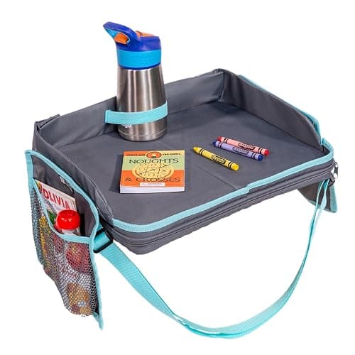 J.L. Childress 3-IN-1 Kids Travel Tray & Tablet Holder - Car Seat Lap Tray Desk for Toddlers, Road Trip Essentials, Car Seat Activity Table, Travel Accessories - Grey/Teal - Image 1