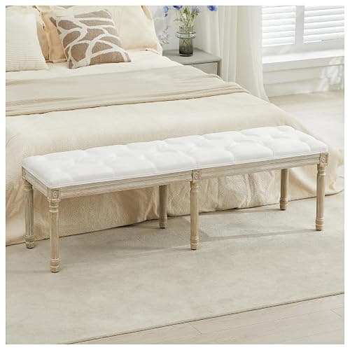 LOULENS 57.7" Linen Fabric End of Bed Bench, French Upholstered Button Tufted Bench for Bedroom End of Bed, Window Seat with Carved Wood Legs for Bedroom, Living Room, Entryway, White - Image 1