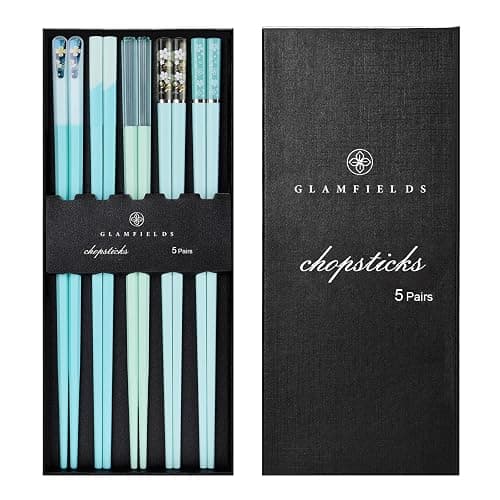 Chopsticks Reusable Dishwasher Safe, GLAMFIELDS 5 Pairs 9.5 Inches Premium Chop Sticks Set for Sushi, Ramen, Asian Cuisine, Matte Non-slip with Gift Case, Light Blue - Image 1