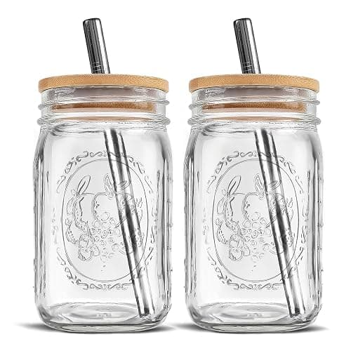 MEM WORLDSHOP Wide Mouth Mason Jars 32 oz - (2 Pack) - Wide Mouth 32-Ounces Quart Mason Jars with Reusable M.E.M Bamboo Lids & Stainless Steel Straws - For Smoothies, Milk Shakes, Iced Coffee, Tea - Image 1