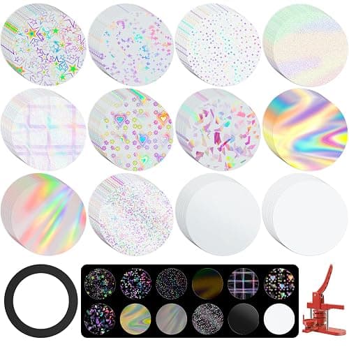 300 Pcs Badge Protective Film, Button Maker Supplies Glittering Film, with 1 Gasket,10 Styles Holographic Glitter Film,1 Style Clear & 1 Style Blank Paper for 2.25 Inch 58mm Button Maker Machine (300) - Image 1