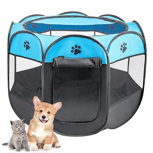 Portable Pet Playpen Puppy Playpen Pet Dog Cat Playpen Cage Crate Soft Fabric Foldable Pet Indoor Outdoor for Rabbit Hamster Guinea Pig (Blue, 74 * 74 * 43cm) - Image 1