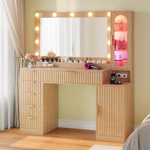 BTHFST Fluted Makeup Vanity Desk with Large 31.5" Mirror and Lights, 46.1" Wood Vanity with Charging Station & RGB Lights, Dressing Table with 6 Drawers & Cabinet & Shelves, Oak - Image 1
