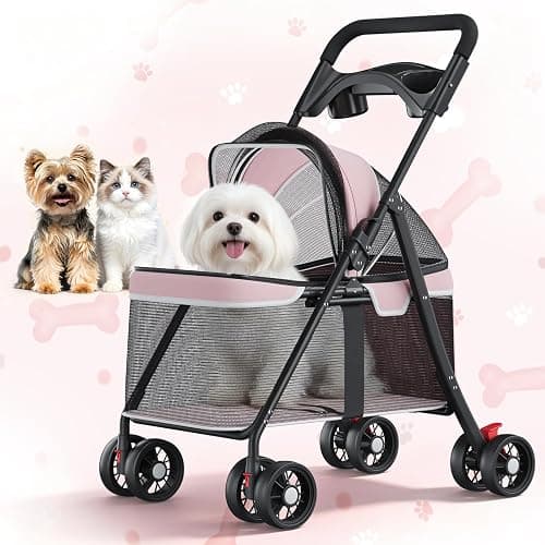 GTPLAYER Foldable Pet Stroller for Small Dogs and Cats, Holds Up to 33 lb, 4 Wheel, Full Mesh Ultra Breathable, Safety Tethers, Cup Holder & Poop Bags Included, Pink - Image 1