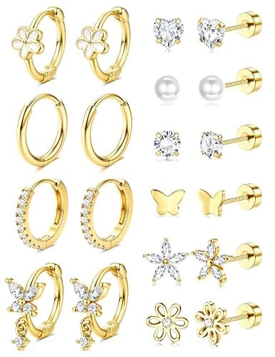 FIOROYAL 10 Pairs Flat Back Earrings Hypoallergenic Surgical Steel Hoop Earrings for Women Girls 14K Gold Plated Cute CZ Flower Heart Stud Hoop Girls Earring Set Cartilage Earring Stack Gifts - Image 1