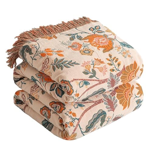 Boho Throw Blanket for Bed 60”x80”, 100% Cotton Woven Blanket for Couch Sofa, Ultra Soft 4-Layer Muslin Quilt with Floral Printed, Farmhouse Bed Blanket/Cover for Living Room Decor - Image 1
