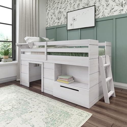 Max & Lily Loft Bed Twin Size, Solid Wood Low Loft Bed with Storage Drawer and Ladder, Modern Farmhouse Loft Bed for Kids, White Wash - Image 1