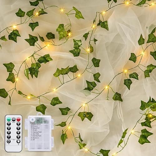 POTIVE Vines with Fairy Lights Battery Operated - 100 LED Vine Lights for Bedroom with Remote, 33ft Leaf Ivy for Wall Bathroom Christmas Garland Wedding Party Room Decor (Warm White) - Image 1