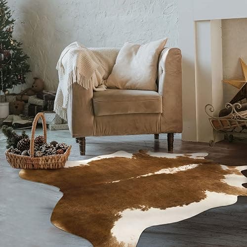 BENRON Cowhide Rug 3x4ft Area Rug Ultra-Thin Cow Hide Rug Non Slip Cow Print Rugs for Bedroom Table Topper Wall Decor Cute Animal Rug Western Faux Leather Carpets,Khaki Brown - Image 1