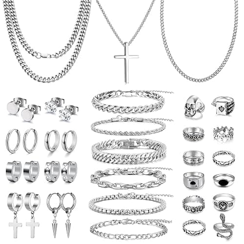 FEYIR 37 Pcs Jewelry Set for Men Stainless Steel Cuban Link Necklace Bracelet Vintage Rings Hoop Stud Earrings Mens Fashion Jewelry - Image 1