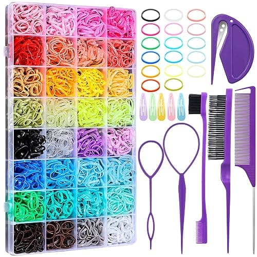 Auroray 32 Colors Small Hair Rubber Bands with 16 Styling Tools, 2000 Pcs Elastic Girl Baby Hair Ties, Mini Bands with Elastic Cutter, Hair Accessories Xmas Stuff for Girls Baby Toddlers Kids - Image 1