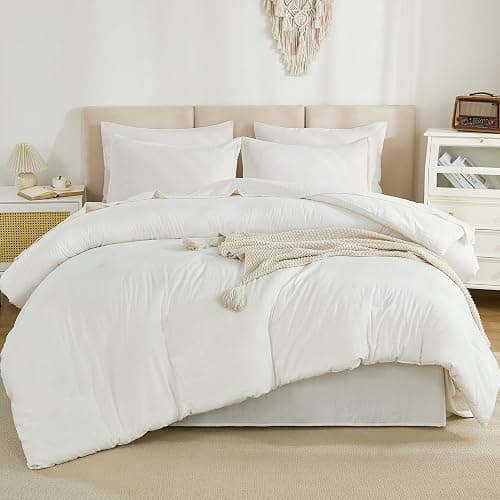 Litanika Queen Comforter Set Ivory - 7 Pieces Bed in a Bag Queen Bedding Comforter Sets, Solid Lightweight Bed Set with Comforter, Sheets, Pillowcases & Shams - Image 1