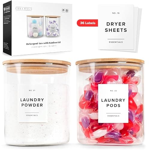 EDELHAUS Glass Detergent Dispenser Containers with 36 Laundry Labels - Large Jars with lids for Powder - Room Organization Decor - Storage Containers for Detergent, Pods, Powder Set of 2 - Large Containers (2x71oz) - Image 1