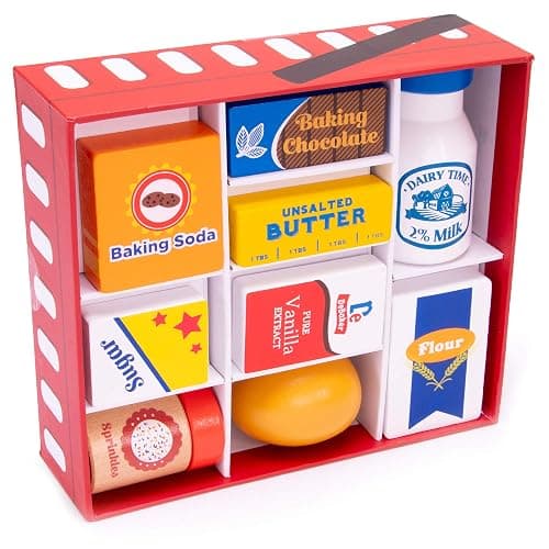 Baker's Mart Ingredient Set | Wooden Play Food Baking Groceries | Includes Baking Soda, Chocolate, Milk, Sugar, Vanilla, Flour, Sprinkles, Butter and Egg | Pretend Play Food Kitchen Accessories - Image 1