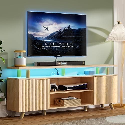 Lulive Modern TV Stand for 55/60/65/70 inch Television, Entertainment Center with Wooden Storage Cabinets and Power Outlet,Media Console for Living Room Bedroom (Natural Oak) - Image 1