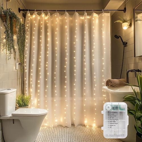 Patioman Waterproof LED Shower Curtain Lights - 72 Inch Fairy Lights for Bathroom, 8 Modes Warm White Spa Mood Lighting for Dark Bathrooms and Outdoor Décor (No Curtain) - Image 1