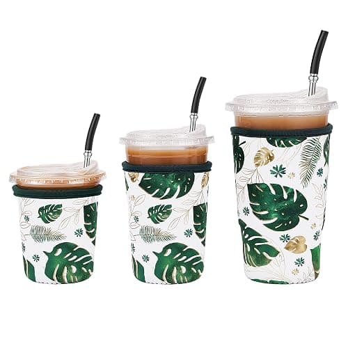 Cavllson 3 Pack Reusable Insulated Neoprene Iced Coffee Sleeves & Coffee Cup Holder, Universal Fit 16-32oz Cups for Hot/Cold Beverages - Plant-3 Pack - Image 1