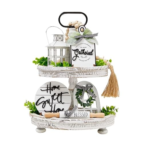 Houmury Set of 16 Farmhouse Tiered Tray Decor with 1 Lantern Artificial Plant& Cutting Board Sign for Rustic Home Kitchen Decor Tier Tray Decor Set (Tiered Tray Not Included) - Image 1