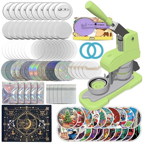 Green Button Maker Machine 58mm (2.25 inch), DIY Button Pin Maker Machine Comes with Free Button Parts, Circle Cutter, Cutting Board, Pattern Paper, Holographic Bags, Colored Film, and Protective Case - Image 1