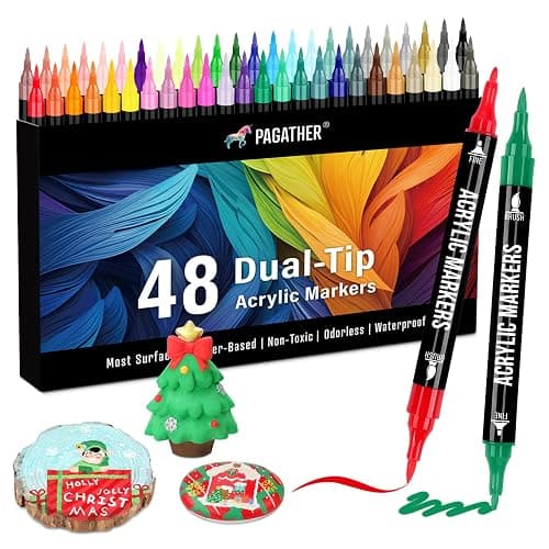 Pagather 48 Colors Acrylic Paint Markers, Dual Tip with Fine Tip and Brush Tip Pens for Stone, Wood, Calligraphy, Canvas, Ceramic, Metal, Glass, Rock Painting, DIY Crafts - Image 1