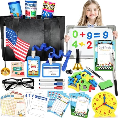 Loscola Pretend Play School Set for Kids Girls 4-12, Kids Teacher Play Sets for Girls, Teacher Supplies Toys with Teacher Bag, Whiteboard, Educational Posters, Magnetic Numbers and More, Ideal Gift - Image 1