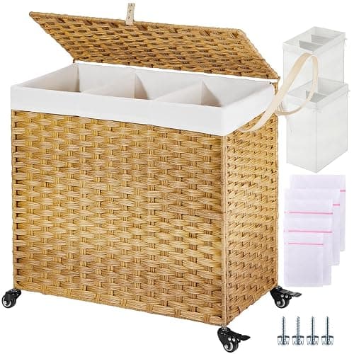 Greenstell Laundry Hamper with Wheels&Lid, 130L Large 3 Sections Clothes Hamper with 2 Types Removable Liner Bags, 5 Mesh Laundry Bags, Handwoven Divided Laundry Basket for Clothes, Natural - Natural - 130L: 25.6x13.0x25.7 Inches - Image 1