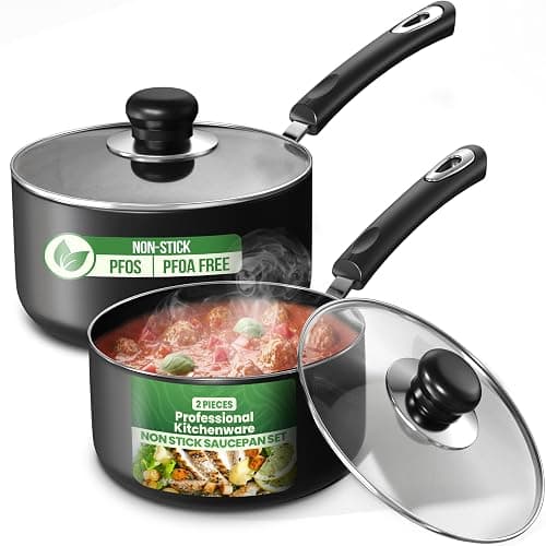 KICHLY Nonstick Saucepan Set with Lid, 1 Quart and 2 Quart Pot - Kitchen Cookware, Multipurpose, Dishwasher Safe - PFOA and PFAS Free (Grey-Black) - Image 1
