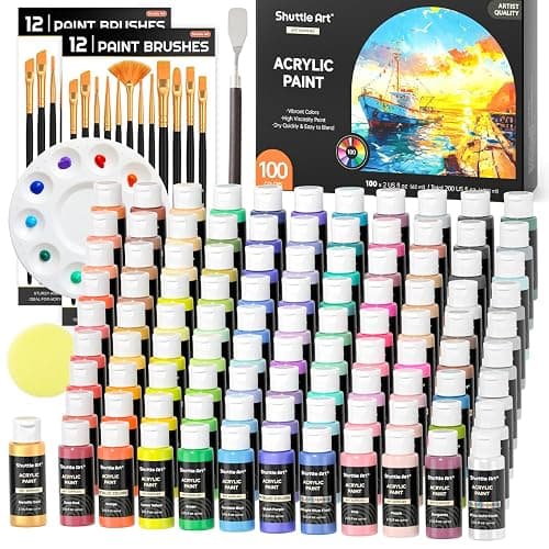 Shuttle Art 100 Colors Acrylic Paint, 2oz/60ml Bottles, Include 2 Sets of 12 Paint Brushes, 1 Art Sponge & Palette, Premium for Artists, Beginners & Kids on Canvas Rocks Wood Ceramic - Image 1