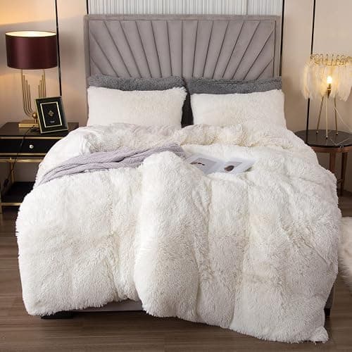 EMME Plush Shaggy White Duvet Cover Set Twin Size Fluffy Fuzzy Comforter Cover Set 2 Piece Luxury Bedding Duvet Covers (White, Twin) - Image 1