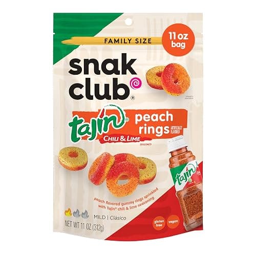 Snak Club Peach Rings, Tajin Chili & Lime Seasoned, Sweet and Spicy Gummy Candy, Mild in Heat Bold in Flavor, Low-Fat, Vegan, Gluten-Free Snack, Family Size, 11 Ounce - Image 1